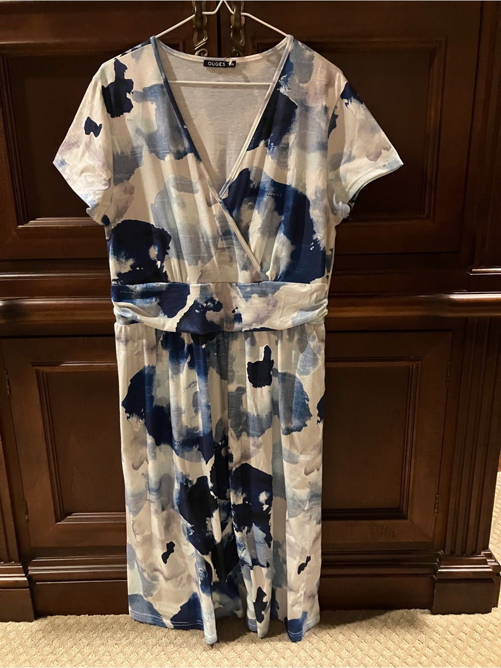 OUGES Navy & White XL Wrap-Style A-Line Cotton Blend Midi Dress Pockets